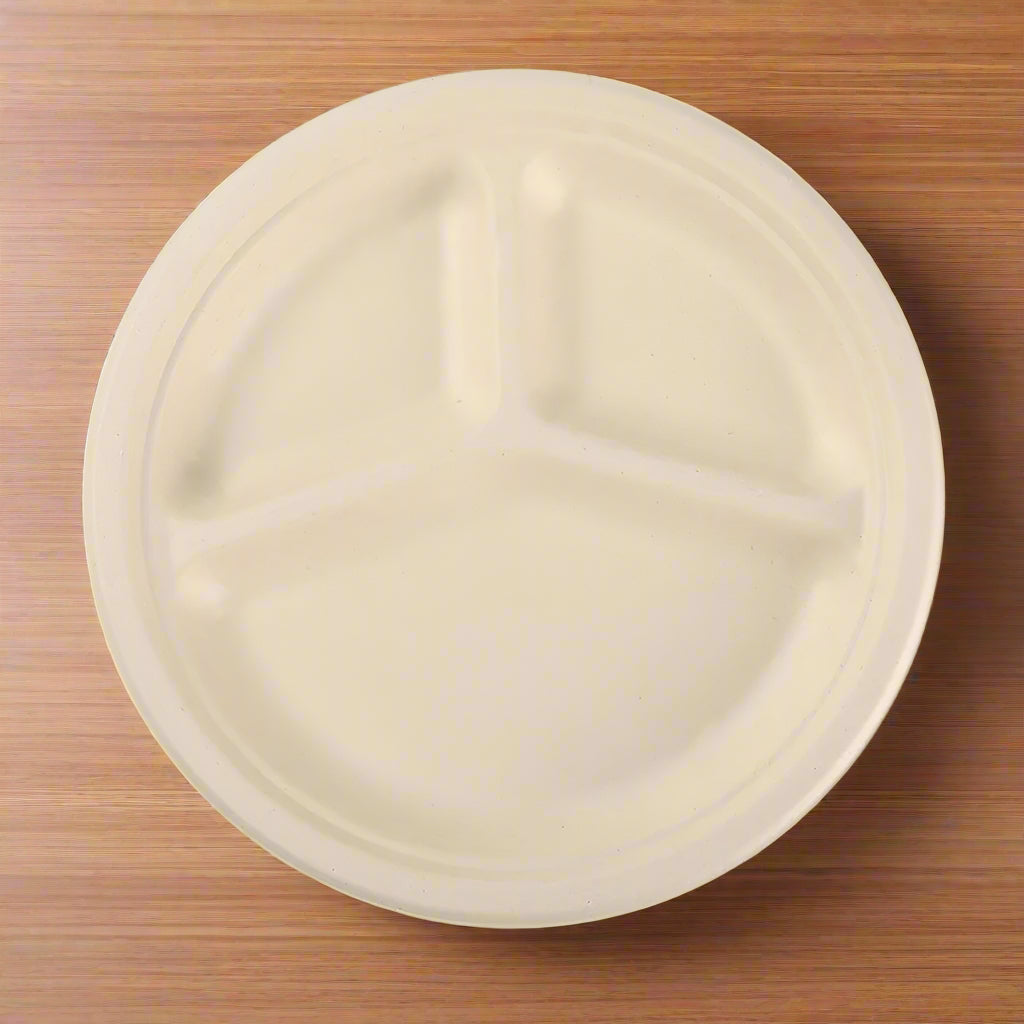 9" Disposable Bamboo 3-Compartment Round Plates - 125 Plates