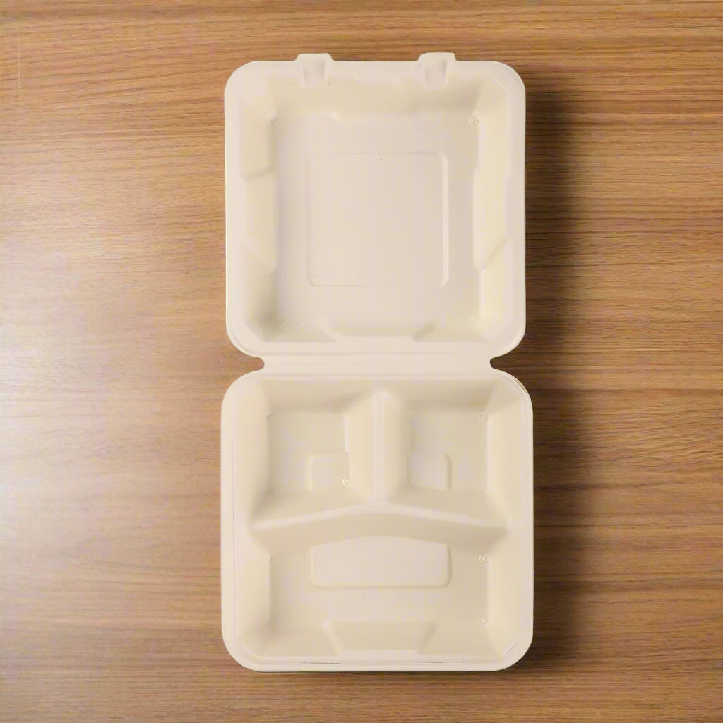 9" x 9" x 3" Bamboo 3-Compartment Take-Out Containers - 200 Containers