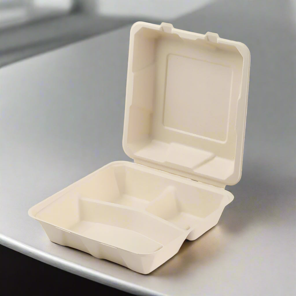 8" x 8" x 3" Bamboo 3-Compartment Take-Out Containers - 50 Containers