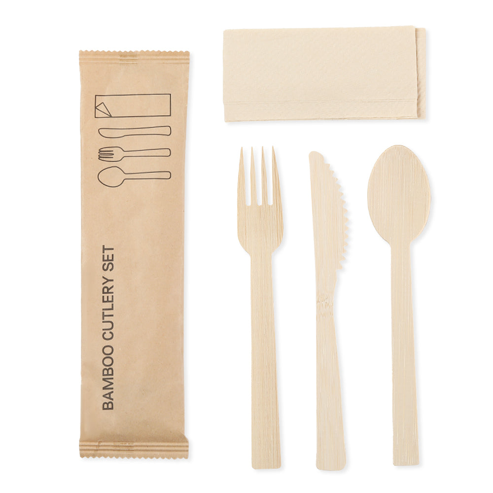 6.5" Disposable Bamboo Cutlery Kit - 100 Kits