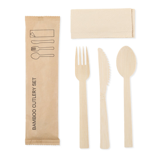 6.5" Disposable Bamboo Cutlery Kit - 100 Kits